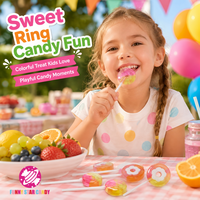 Sucettes en gros personnalisées bicolores en forme d'anneau avec bonbons pressés en forme de fleur, saveur fruits mélangés, bonbons durs pour fêtes d'enfants