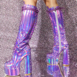 Kích Thước 47 Mùa Đông Thời Trang Đầu Gối Cao Khởi Động Phụ Nữ Gương Dày Gót Phụ Nữ Ren up Màu Tím Nền Tảng Khởi Động Giày - Product Image 1