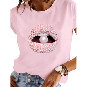 Camisetas <span class=keywords><strong>de</strong></span> <span class=keywords><strong>Mujer</strong></span> al por Mayor, Estilo Veraniego, Tejidas, Anti-Pilling, Ecológicas, Cómodas, Serie Rosa Perla, con Gráfico <span class=keywords><strong>de</strong></span> <span class=keywords><strong>Boca</strong></span> - Product Image 1