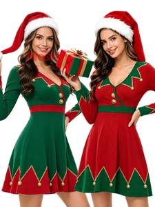 Robe rouge et verte pour femme avec chapeau, costume d'elfe pour fête de Noël, personnage de film télévisé MS TV - Product Image 6