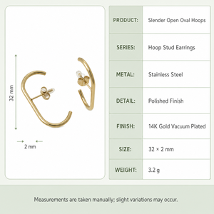 Boucles d'oreilles créoles ovales fines en acier inoxydable plaqué or 14K sous vide, bijoux linéaires minimalistes - Product Image 2