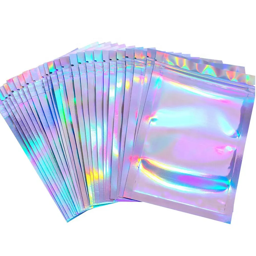 Hersluitbare Geur Proof Ziplock Zakken Laser Holografische Regenboog Kleur Platte Voedsel Pouch Aluminiumfolie Zakken Films Verpakking Zakken