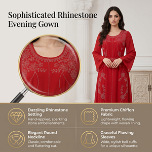 Vestido de Fiesta Musulmán Estilo Festivo Rojo Floral con Cinturón de Chifón y Manga Larga para Eid, Banquete, Exhibición Premium - Product Image 3