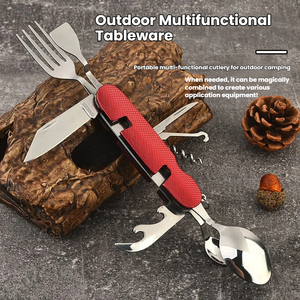 Juego de cubiertos plegables multifuncionales 10 en 1 de acero inoxidable para acampar al aire libre, con cuchillo, tenedor y cuchara, desmontables y ensamblables. - Product Image 2