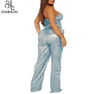 Versilberung Denim Zweiteiliges Set Damenmode Tube Top und Wide Leg Straight Cargo Pant Matched Suits