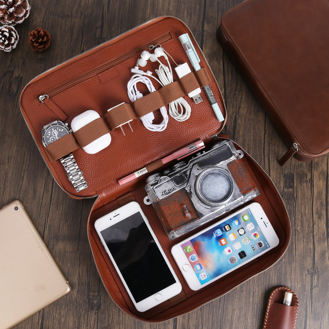 Personalized Leather Storage Case Gadget Tech Travel Pouch Organizer Bag Dopp Kit for Men