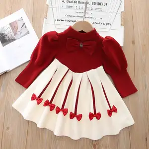 Outono Inverno Criança Crianças Bowknot Vestido De Malha Para Meninas Vestido Camisola Crianças Roupas De Natal 2-6 anos