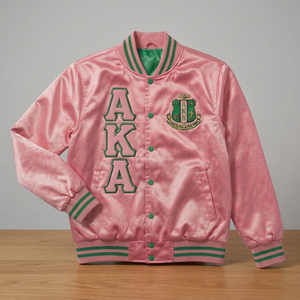 Blouson Bomber en Satin Rose et Vert pour Sororités Universitaires et HBCU, avec Lettres Grecques, Coupe Courte, Coupe-Vent, Tendance Féminine - Product Image 3