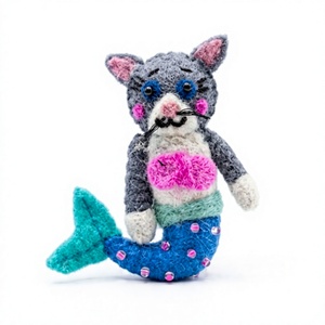 Handmade Eco-Friendly Knitted Cat Mermaid Doll with Beaded Tail Cartoon <b>Animal</b> Christmas Wall Hanging Indoor Ornament - Product Image 2