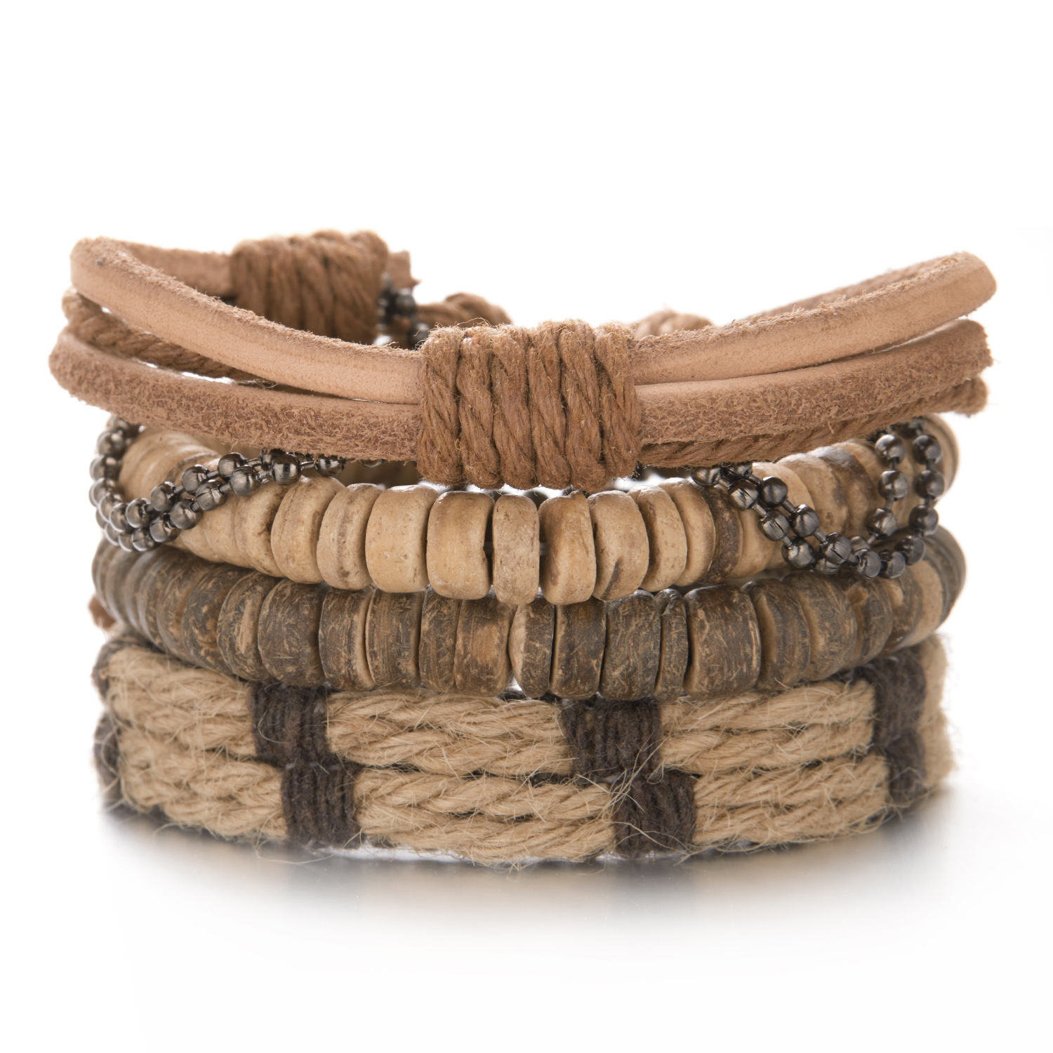 Handmade Multi Layer Mens Leather Bracelets with Wood Beads