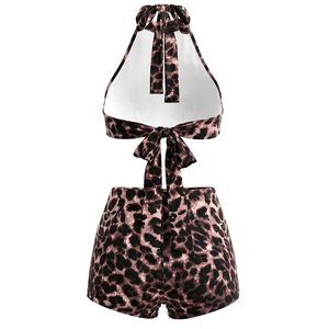 Viviblook J26ST137 Women Summer Shorts <b>Set</b> Leopard Print Halter Vest Backless Lace Up Crop Top Tight Shorts Two Piece <b>Set</b> - Product Image 6