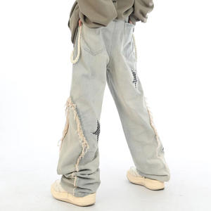 Lace-up Raw Edge Mid Waist <strong>Rockstar</strong> Jeans Men Designer Baggy Jeans Stars Trousers Wholesale Custom Denim OEM Straight Knitted - Product Image 3