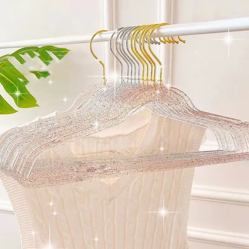 Colgador transparente de plástico PS de alta calidad, colgador de plástico con purpurina dorada para tienda de ropa de mujer
