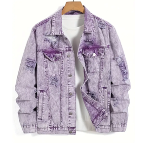 Giacca in Denim viola da uomo, cappotto Casual in jeans strappati con colletto classico e tasche Multiple - Product Image 1