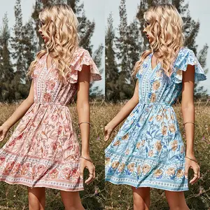 Mini Dress Musim Panas Kasual Pinggang Tinggi Gaun Bohemian Boho Pakaian Pantai Musim Panas 2022 Wanita Lengan Pendek V-Neck Floral Print Formal
