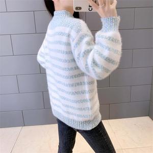 Suéter de punto grueso para mujer, cálido, holgado, de manga larga, con <span class=keywords><strong>cuello</strong></span> alto y rayas de piel, estilo dulce, para otoño e invierno - Product Image 6