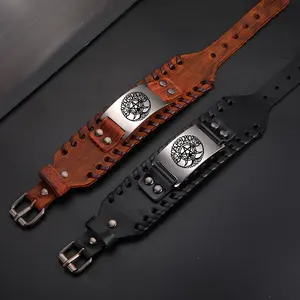 Drievoudige Maan Godin Levensboom Verstelbare Lederen Armband Vintage Wiccan Pentagram Amulet Hiphop Mannen Sieraden