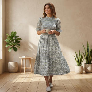 Robe midi vintage à imprimé floral, col montant, manches bouffantes, coupe trapèze, taille élastique, en coton bambou tissé respirant, robe d'été décontractée - Product Image 1