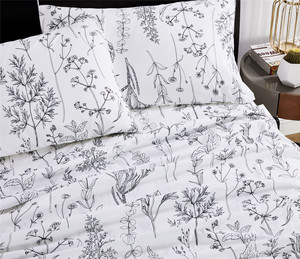 Hot Selling Premium White Black Botanical Floral Printed 100% Cotton 4 Piece <strong>Sheet</strong> Set Soft Breathable Skin-Friendly Bed Linens - Product Image 4