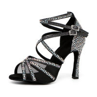 Chaussures de danse latine en satin brillant avec strass pour femmes chaussures de soirée Salsa Bachata à semelle souple avec talon de 6 à 9cm pour les soirées dansantes