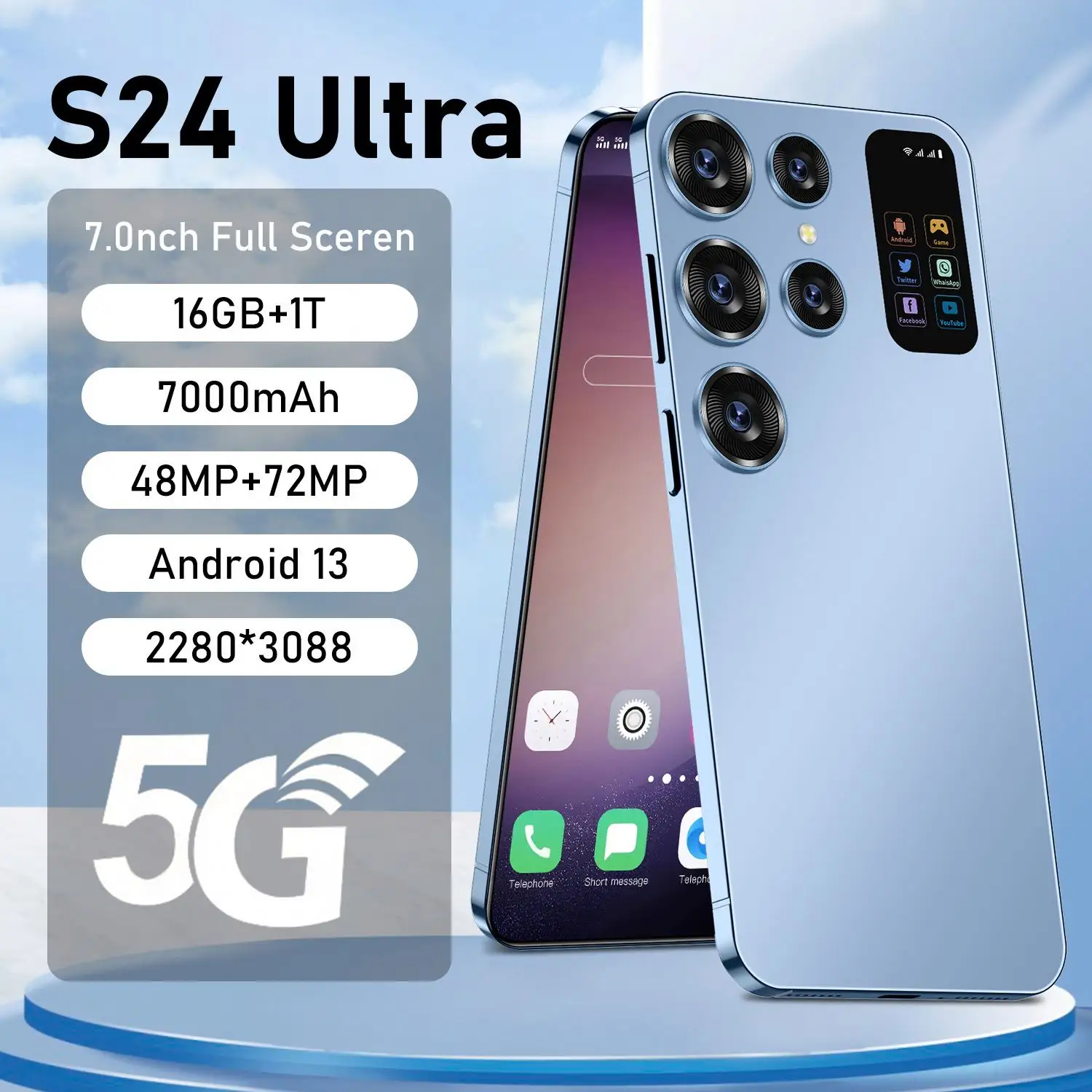 Real 4G LTE Network US CDMA S24 U Itra смартфон 7,2 дюймов Android 12 Разблокировка мобильного телефона groabal версия