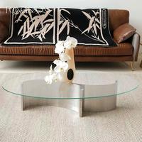Bauhaus Moderner Minimalistischer Beweglicher Ovaler Glas-Couchtisch mit Edelstahlrahmen für Wohnzimmer und Zuhause