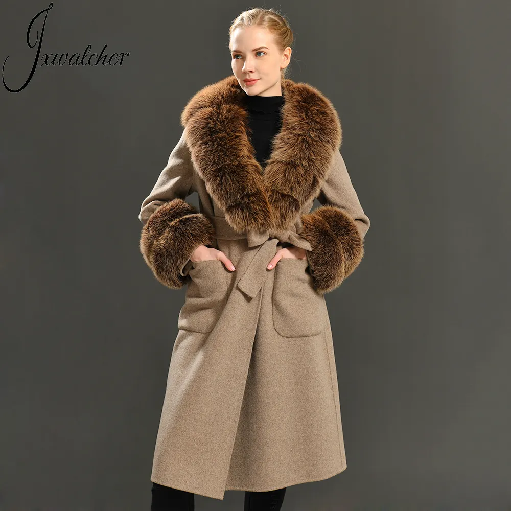 Hot Sale Woman Woolen Double Breasted Coat Belted Trench Women Wool Winter Coat Real Fox Fur Collar Ladies Cashmere Wool Coat