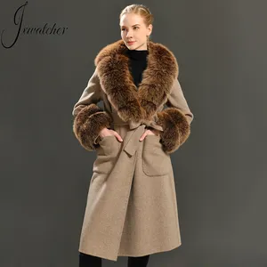 Sıcak satış kadın yün çift göğüslü ceket kuşaklı siper kadın yün kış ceket gerçek tilki kürk yaka bayanlar kaşmir yün ceket