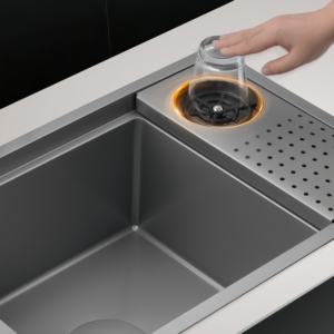 Évier de cuisine îlot/bar en acier inoxydable SUS304 fait main, à cuve unique, avec couvercle, gris bronze, dissimulé - Product Image 2