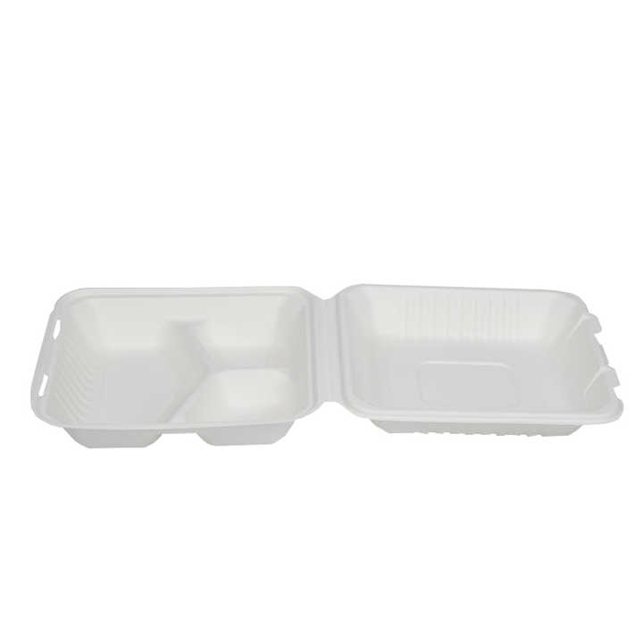 8 Inch 3-Compartment Bagasse Clamshell Lock Box 100% Biodegradable Eco ...
