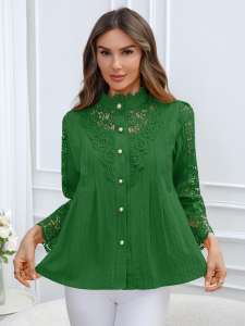 Chemisier décontracté en dentelle pour femme, manches longues, 100 % coton tricoté, brodé, collection Printemps/Été Automne 2026, en stock, Géorgie - Product Image 2