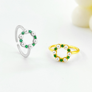 Original S925 plata con incrustaciones de circón verde perla de agua dulce anillo ajustable abierto joyería de moda accesorios DIY - Product Image 2