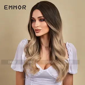 Vente en Gros Brun Ombre Blonde Long Ondulé Résistant À La Chaleur Perruques Synthétiques Pour Les Femmes