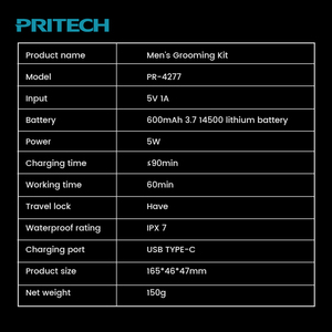 ชุดอุปกรณ์กรูมมิ่งสำหรับผู้ชาย PRITECH 11-in-1 เครื่องเล็มขนตามร่างกาย กันน้ำ IPX7 เครื่องโกนหนวด<span class=keywords><strong>ไฟ</strong></span>ฟ้า เครื่องเล็มขนจมูกและเครา ใบมีดรูปตัว T - Product Image 5