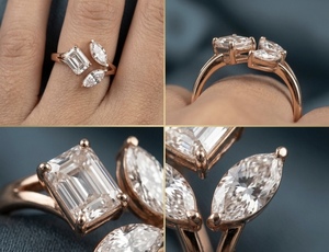 Anillo de compromiso Toi et Moi con diseño personalizado de esmeraldas y corte marquesa, elaborado en laboratorio, con acabado en oro rosa de 10K y múltiples piedras para mujer - Product Image 4