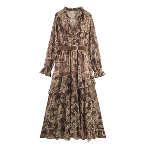 Vestidos Casuales de Moda para Mujer, Cuello en V, Estampado Floral, Transpirables, Corte en A, Manga Larga, Lazos, Color Marrón - Product Image 1
