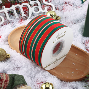 LINGKAI Wholesale <b>Red</b> Green Gold Stripe Grosgrain Christmas <b>Ribbon</b> for Gift Wrapping Tree Bow Holiday Decor - Product Image 3
