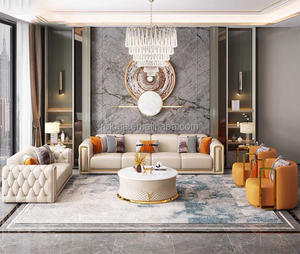 طقم أريكة ذهبي بتصميم جديد لمقعد واحد واثنين وثلاثة مقاعد، أرائك جلدية فاخرة على الطراز الإيطالي، طقم أريكة مخصص للفيلات وغرف المعيشة - Product Image 6