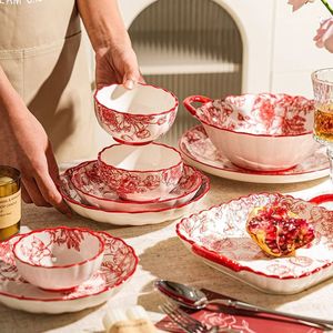 Chinese Style Ceramic Bowl And Plate Set Red Floral Pattern Wedding Gift Dinnerware Set - Product Image 2