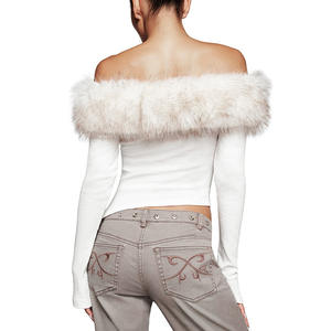 <span class=keywords><strong>Sexy</strong></span> con collo in pelliccia a manica lunga irregolare a coste bianche aderenti Slim Fit da donna alla moda camicette e camicie 2026 primavera - Product Image 3