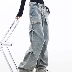 High Street Style Heavy Zipper Femmes Multi-poches Cargo Jeans Baggy Stack Jeans Denim Femmes Cargo Mujer Pantalones - Product Image 5