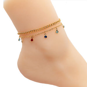 Bijoux de cheville en cuivre plaqué or 18 carats pour femmes mode chaîne cubaine perle pierre Chic cadeau pour filles bracelet de cheville en cristal Double couche - Product Image 1