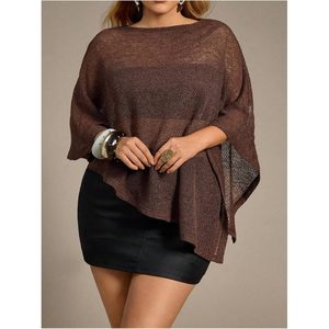 FOXA Women's Plus Size Sheer <b>Poncho</b> 3/4 Sleeve Lightweight Knitted Cover Up Cape Top Sweater Plain Dyed Acrylic - Product Image 4