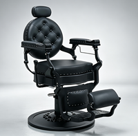 Fauteuil de Barbier Hydraulique Rétro Premium Noir Intégral avec Boutons Capitonnés, Mobilier de Salon pour Salon de Coiffure Masculin
