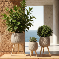 Ensemble de 3 pots de fleurs minimalistes en fibre d'argile avec rainures diagonales ondulées et pieds en bois naturel pour le salon