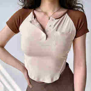 Camiseta de Manga Corta con Cuello Redondo de Color Sólido para Mujer, Verano 2025, Estilo Espina de Pescado, Clásica, Básica, Ajustada - Product Image 3