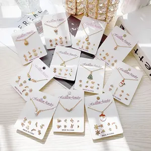 Crystal Rhinestone Christmas Snowflake Flower Necklace Studs 5 Piece Set Female Earrings Collarbone Chain Paper Card Jewelry Set