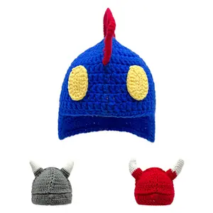 时尚儿童/儿童婴儿冬季手工钩针帽，维京角针织帽子亲子婴儿灰色