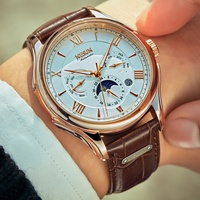 Montre mécanique automatique de luxe pour homme, phase de lune, calendrier, bracelet en cuir véritable, montre-bracelet étanche pour affaires