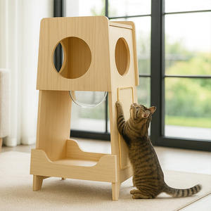 Torre <span class=keywords><strong>de</strong></span> Juego para Gatos <span class=keywords><strong>de</strong></span> <span class=keywords><strong>Madera</strong></span> con Agujeros Circulares, <span class=keywords><strong>Hamaca</strong></span> Transparente, Superficie para Rascar, Centro <span class=keywords><strong>de</strong></span> Actividades para Mascotas en Interiores - Product Image 1